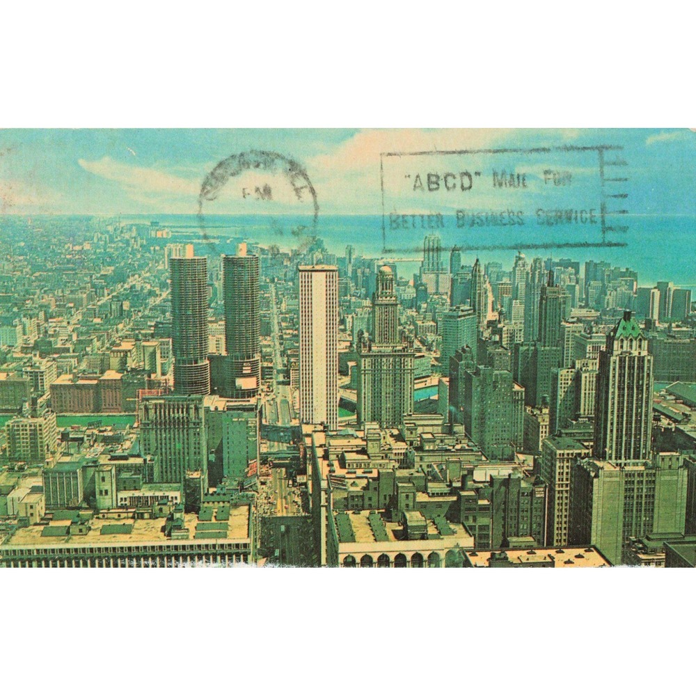 Vintage 1964 Chicago Skyline State Street Aerial View Postcard Marina City VG